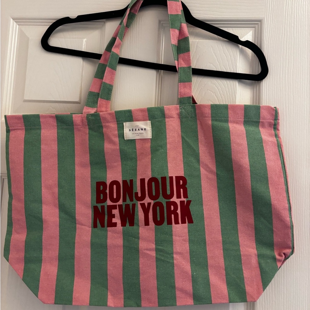 Sezane Pink and Green Striped Canvas Tote